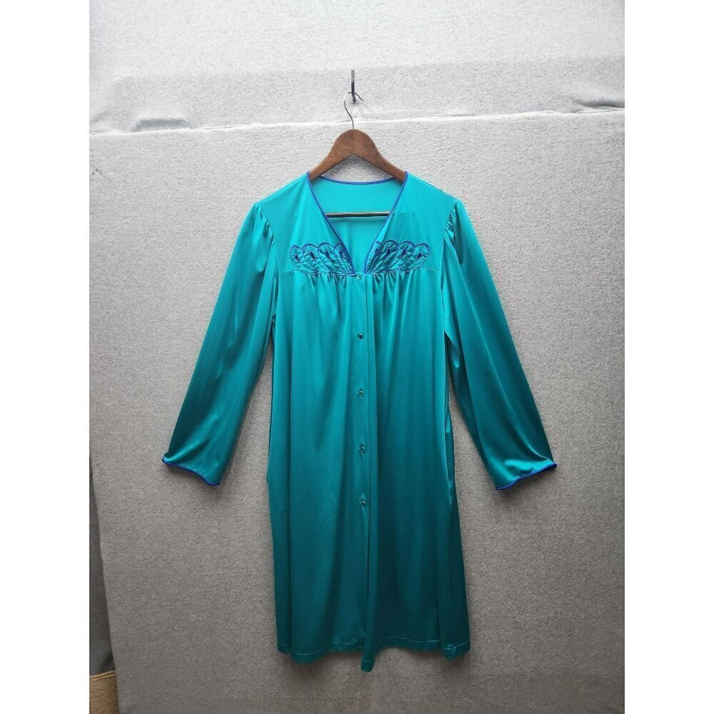 Vintage Turquoise Satin-Like Long Sleeve Embroidered Button-Front‎ Nightgown